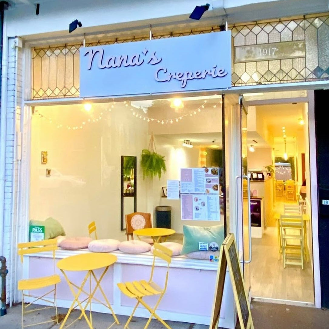 Storefront of Nana's Creperie at 1917 Queen Street East, Toronto. Cafe at The Beaches Toronto.
