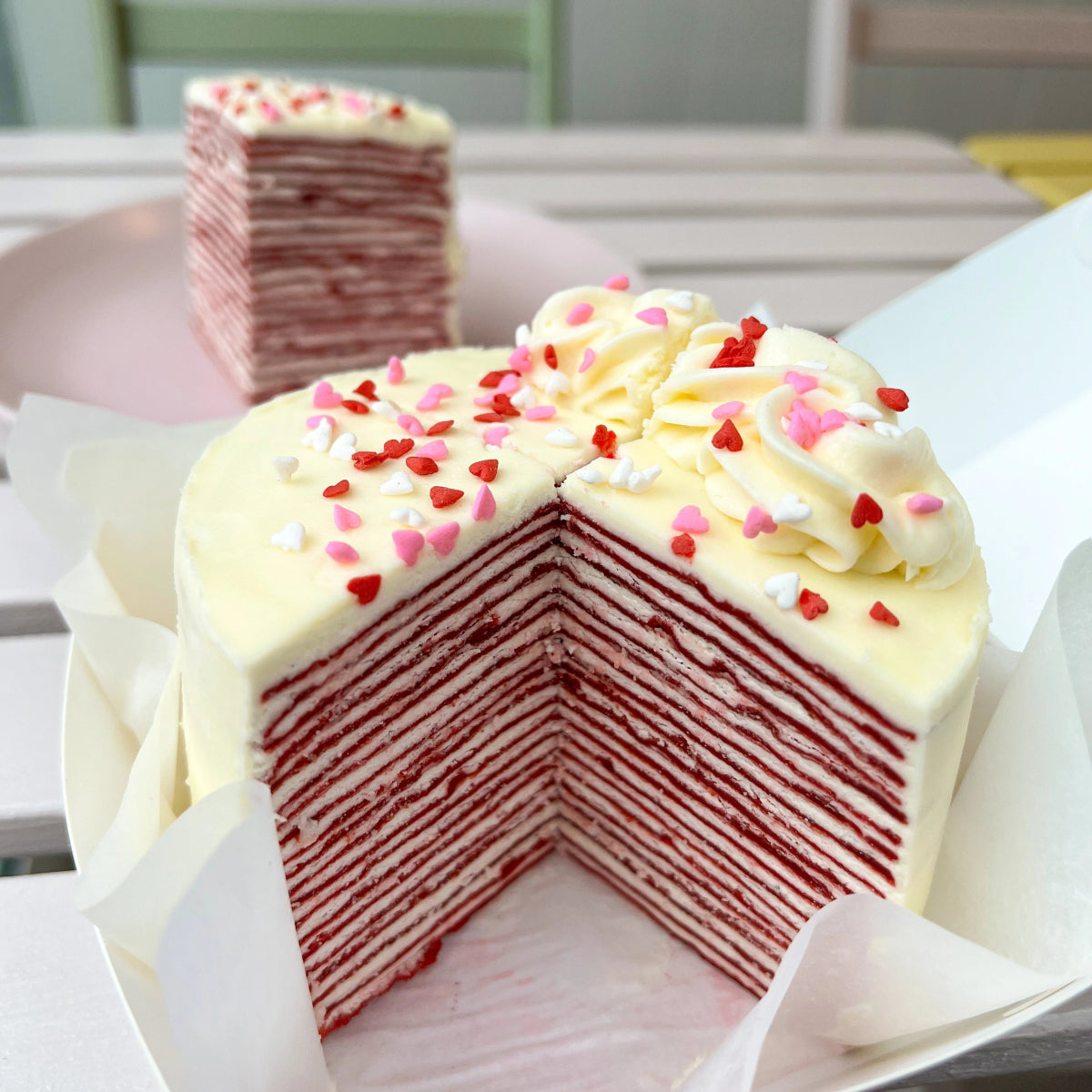 Gender Reveal Crepe Cake | Red Velvet | Vanilla Buttercream | Nana's Creperie