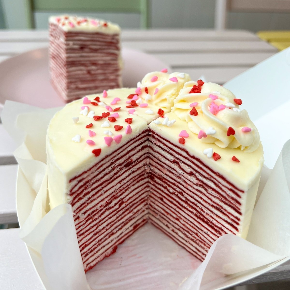 Valentine's day special red velvet crepe cake - bento cake - lunchbox cake - Nana's Creperie - Nana's Crepe Cakes