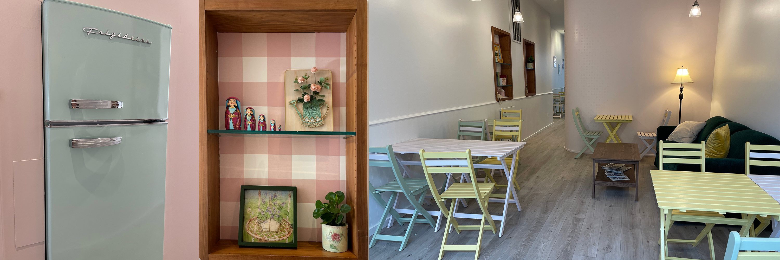 Retro fridge, handmade decor and bright spacious dining area at Nana's Creperie