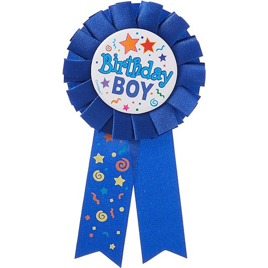 Unique Party Birthday Boy Badge. Blue ribbon