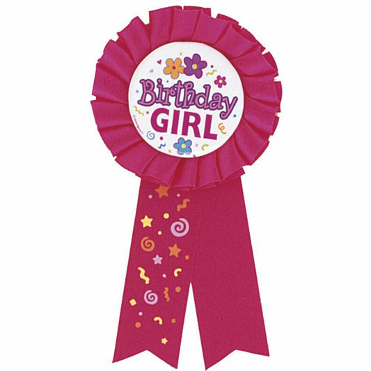 Unique Party Birthday Girl Badge. Pink ribbon.