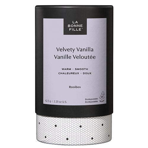 Velvety Vanilla tea cylinder by La Bonne Fille at Nana's Creperie. Organic Canadian caffeine-free tea
